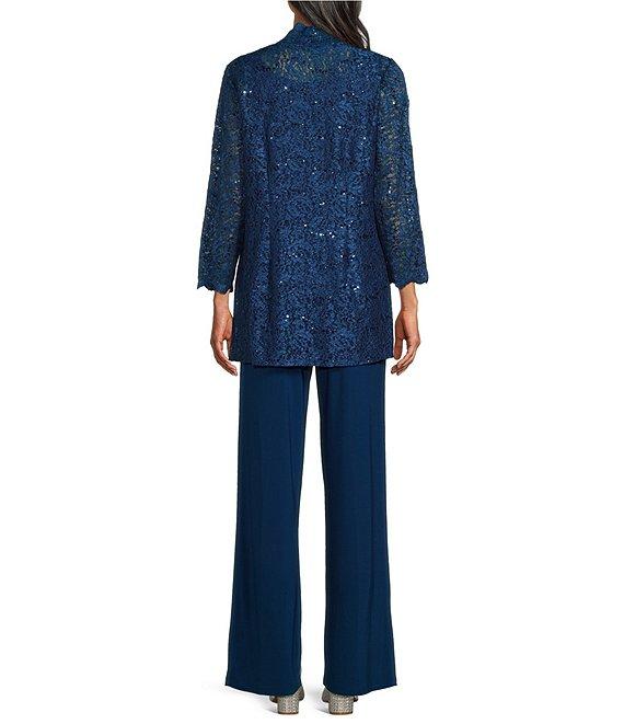 R & M Richards Glitter Lace Sweetheart Neck Beaded 3-Piece Pantsuit Product Image