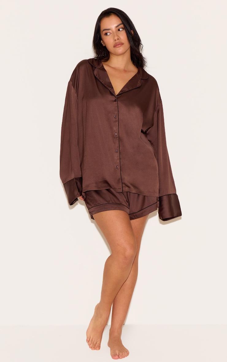 Plus Chocolate Satin Piping Long Sleeve Short Pj Set Product Image