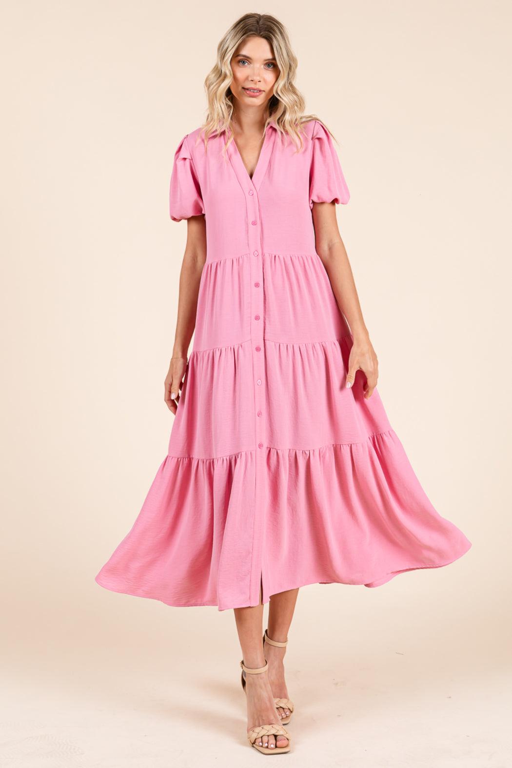 Tiered Button Down Puff Sleeve Midi Dress Product Image