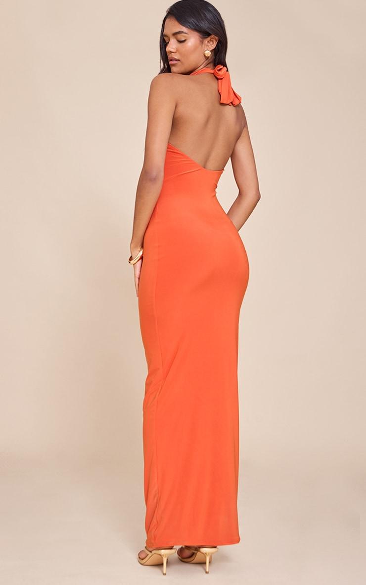 Burnt Orange Slinky Bead Detail Halter Maxi Dress Product Image