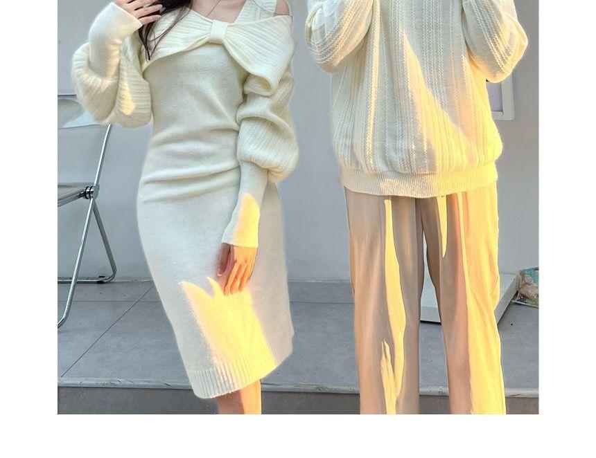 Couple Matching Long-Sleeve Plain Bow Shrug / Sleeveless Square Neck Knit Midi Sheath Dress / Crew Neck Ribbed Sweater / Set Product Image