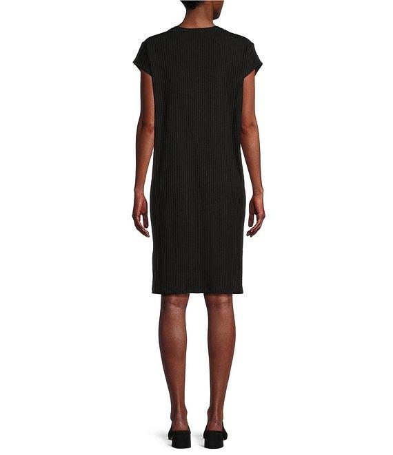 Eileen Fisher Textured Stretch Rib Round Neck Cap Sleeve Shift Dress Product Image