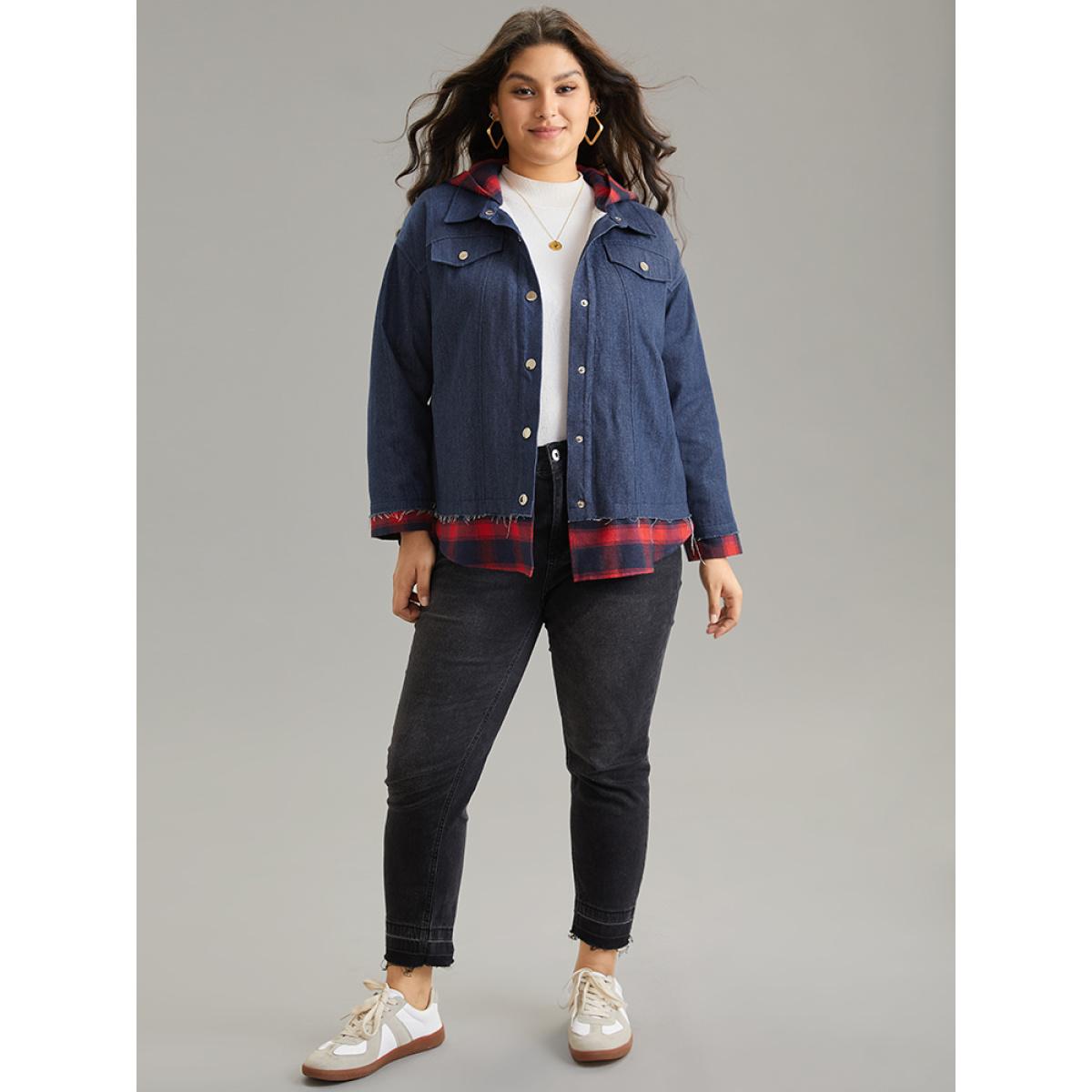 Plus Size Denim Plaid Patchwork Contrast Hooded Jacket Women Navy Casual Contrast Ladies Dailywear Winter Coats BloomChic 18-20/2X Product Image