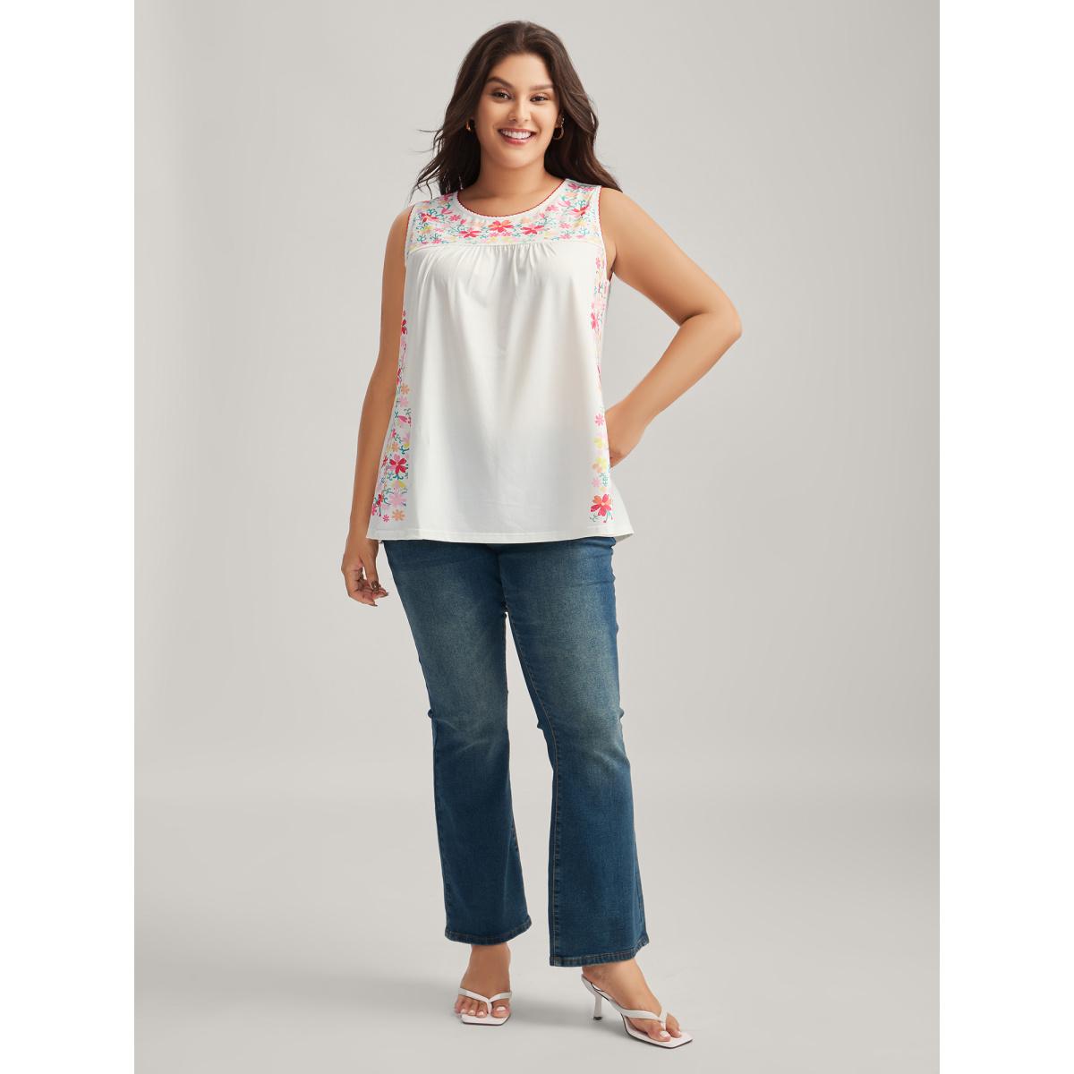 Plus Size Stretchy Floral Neck Flowy Tank Top Women Opticwhite Gathered Round Neck Everyday-Elegant Tank Tops Camis BloomChic 28/5X Product Image