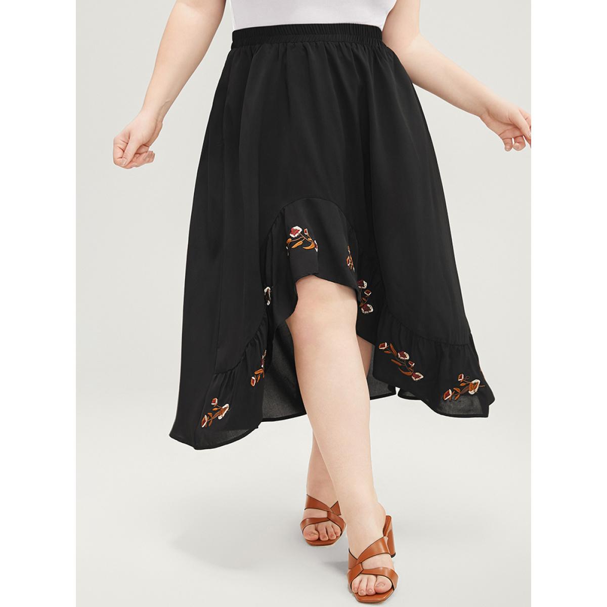 Plus Size Floral Embroidered Pocket Asymmetrical Hem Skirt Women Black Vacation Embroidered Loose No stretch Pocket Dailywear Skirts BloomChic 30/6X Product Image
