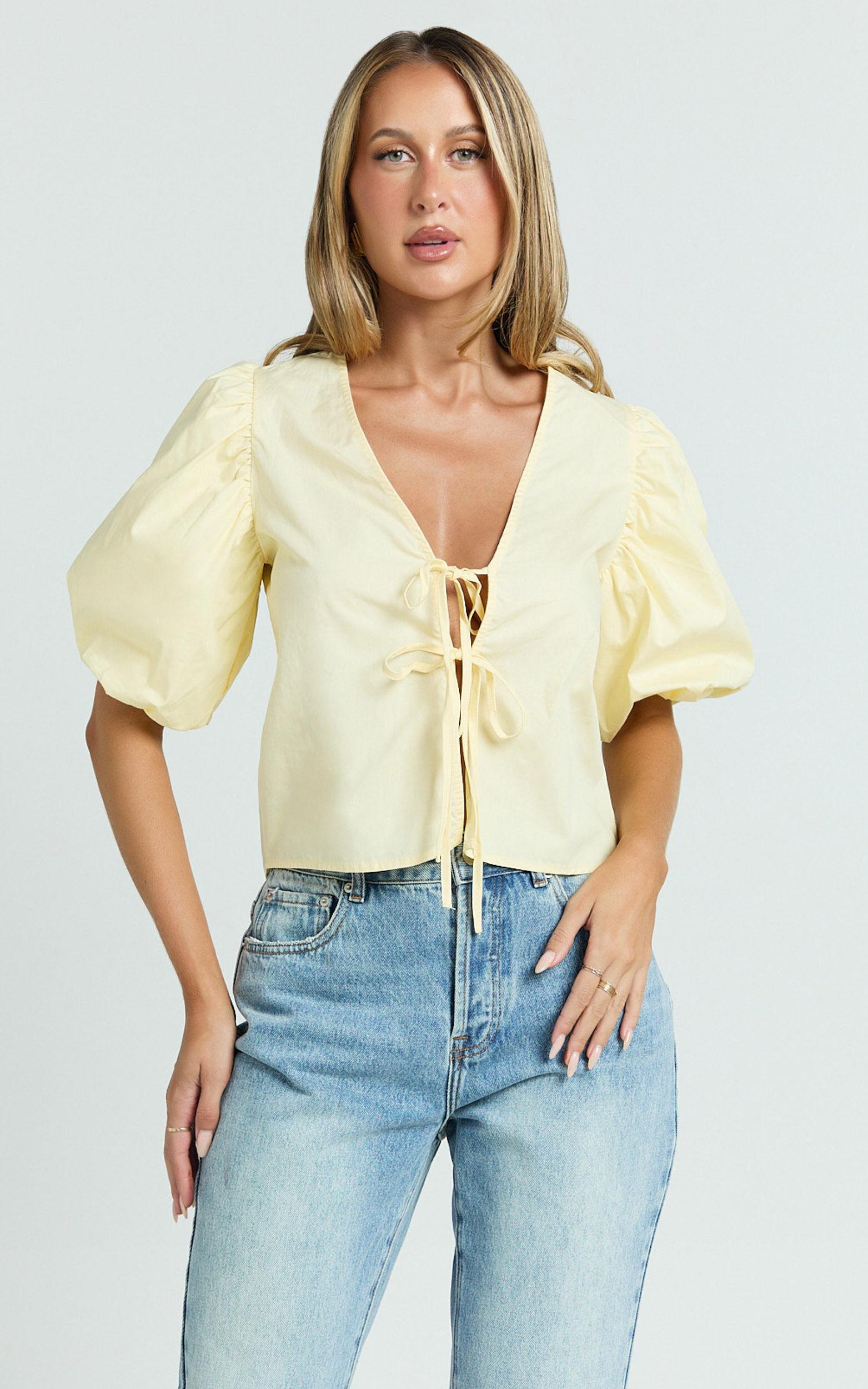 Dana Top - Bow Tie Front Puff Sleeve Blouse in Lemon Product Image