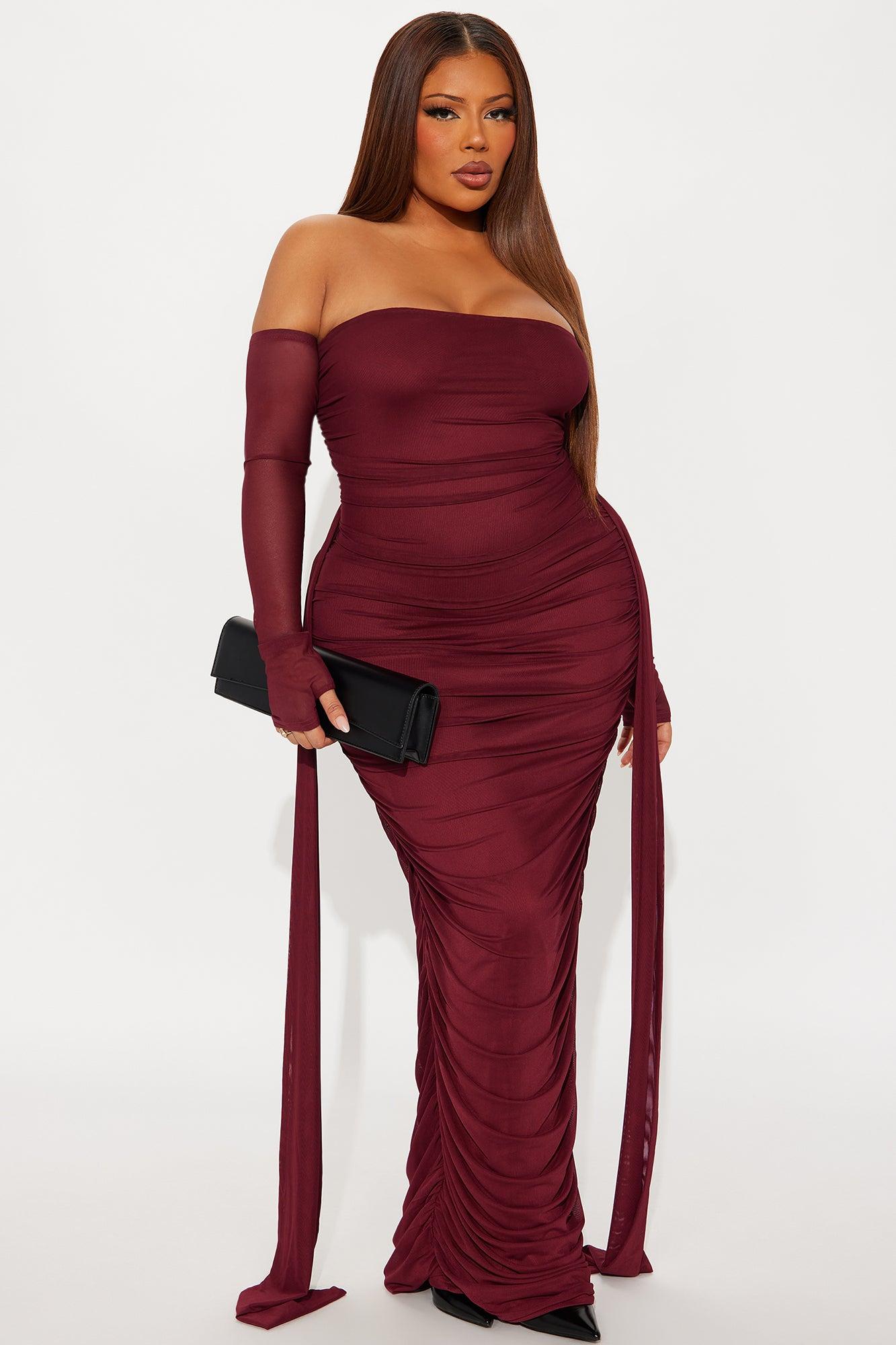 Kourtney Mesh Ruched Maxi Dress - Burgundy Female Product Image