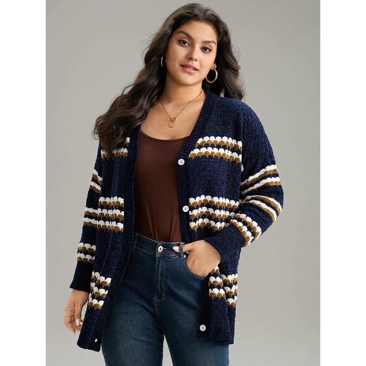 Plus Size Chenille Geo Button Through Cardigan Multicolor Women Casual Loose Long Sleeve Dailywear Cardigans BloomChic 10/M Product Image