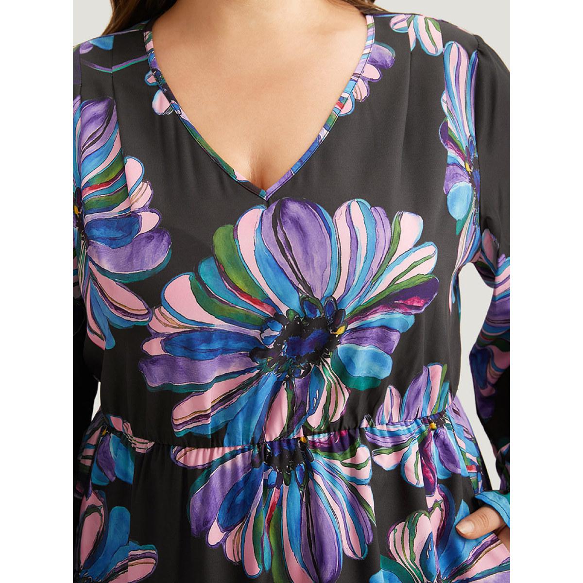 Plus Size Floral Print Flutter Trim Dress Black Women Office Printed V-neck Long Sleeve Curvy Midi Dress BloomChic 22-24/3X Product Image