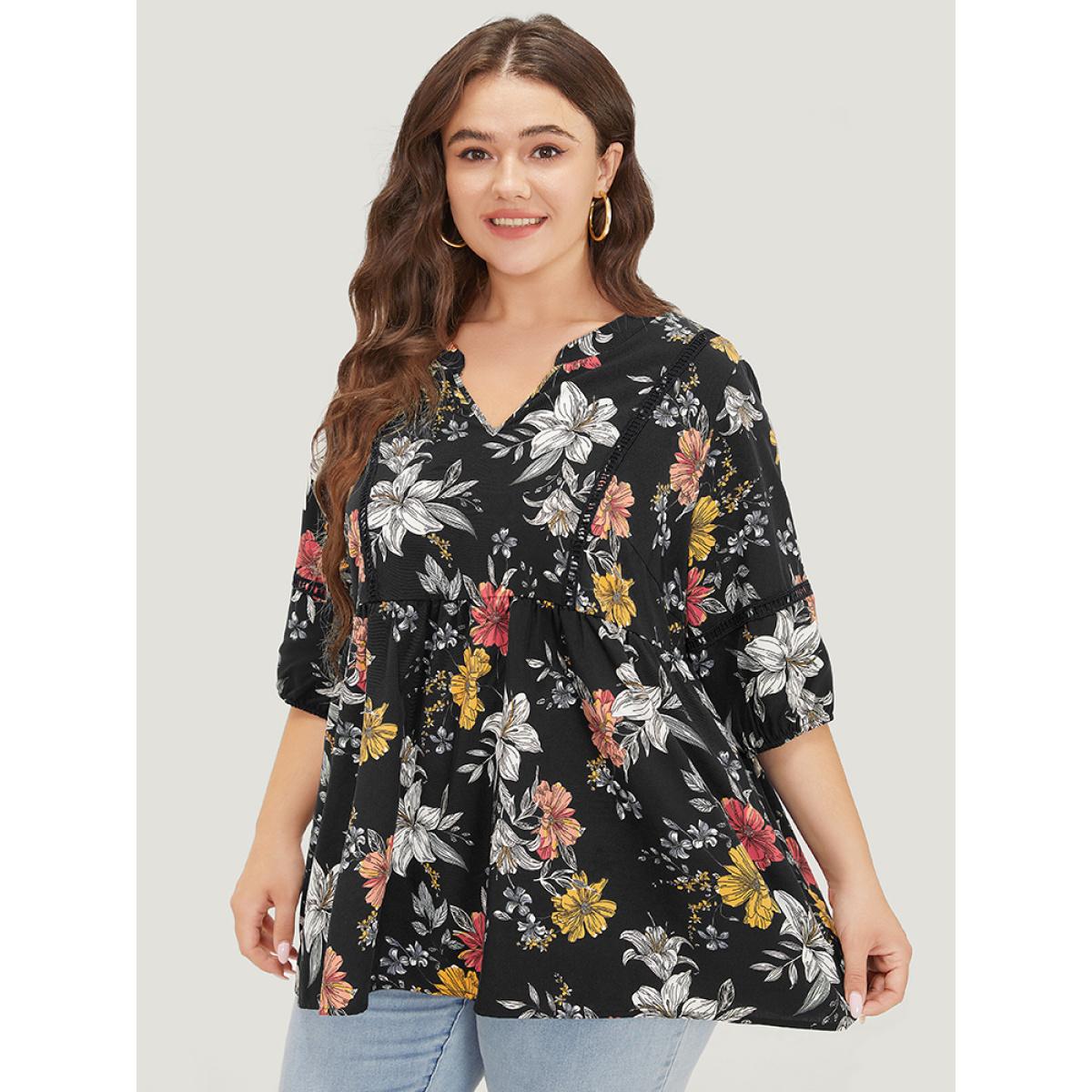 Plus Size Black Floral Lantern Sleeve Lace Gathered Notched Blouse Women Elegant Elbow-length sleeve Notched collar Dailywear Blouses BloomChic 12/L Product Image