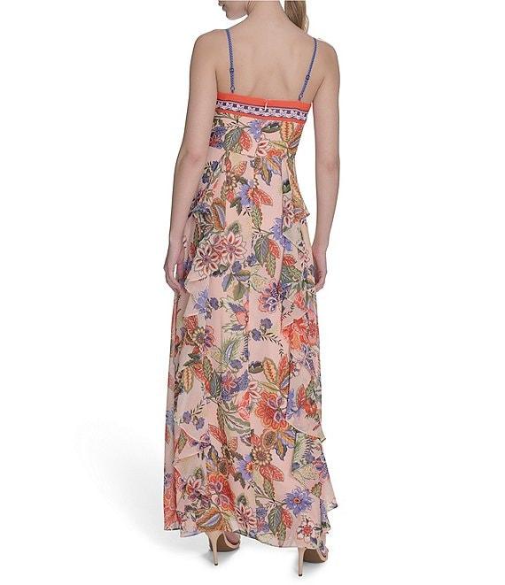 Eliza J Chiffon Floral Print V-Neck Sleeveless Ruffle Sheath Maxi Dress Product Image