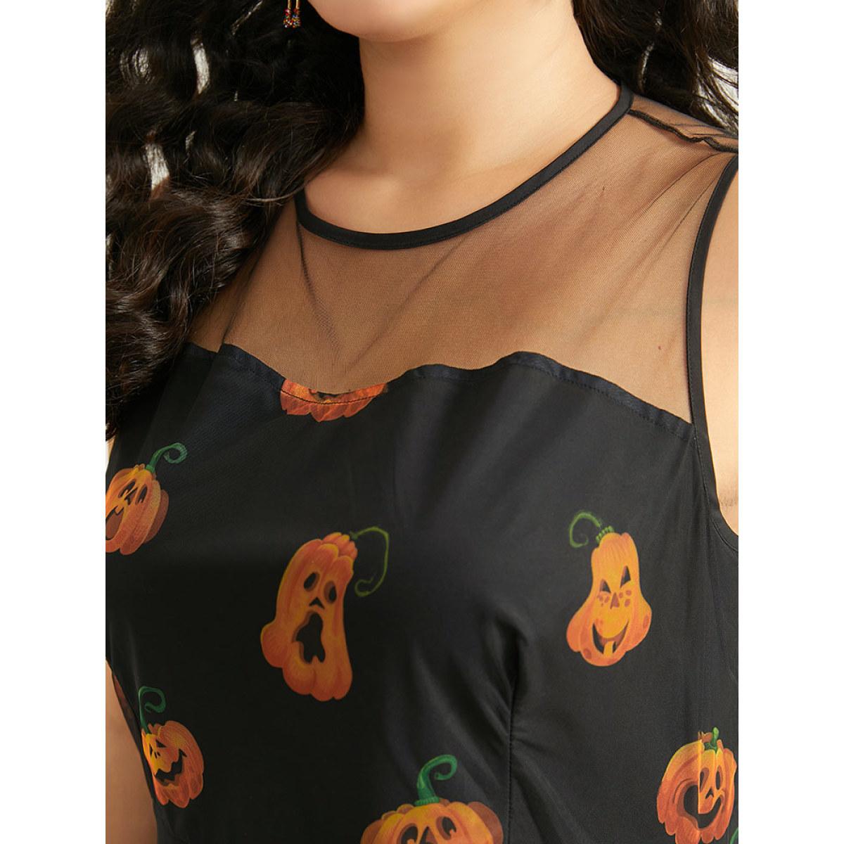 Plus Size Halloween Pumpkin Print Mesh Patchwork Tank Dress BlackFlower Women Elegant See through Round Neck Sleeveless Curvy Midi Dress BloomChic 10/M Product Image