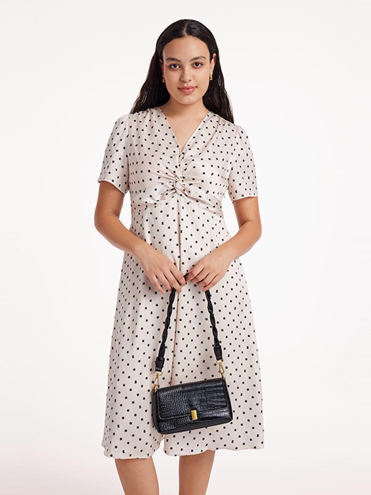 Beige Combo Print V-Neck Twisted Polka Dot Midi Dress Product Image