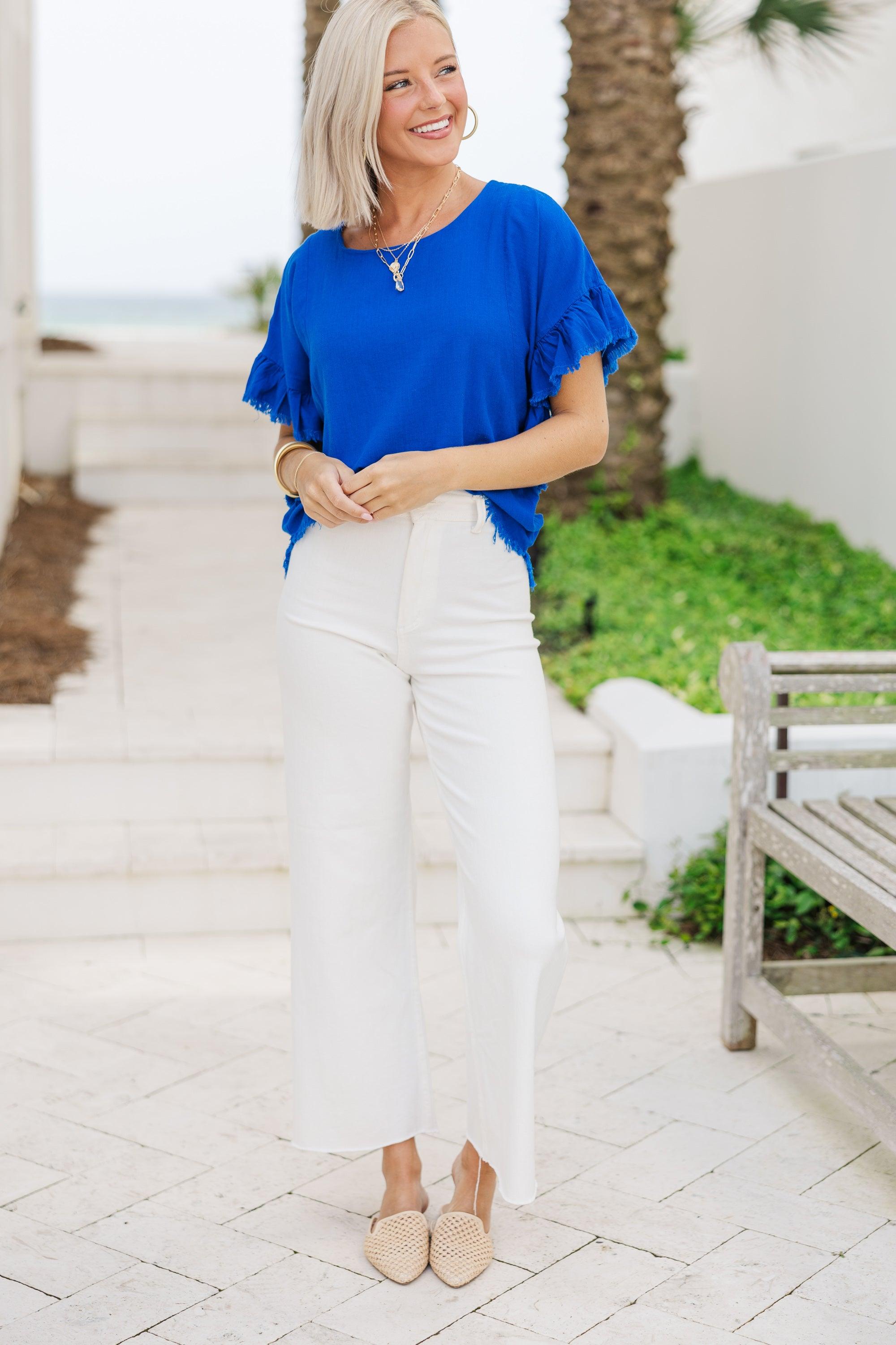 Find You Out Royal Blue Linen Top Female Product Image