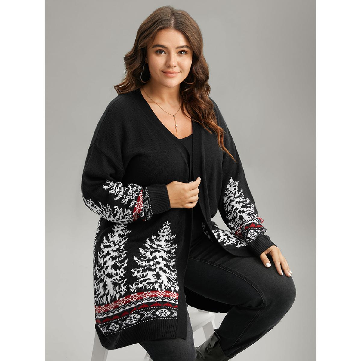 Plus Size Christmas Trees Contrast Cardigan Black Women Casual Loose Long Sleeve Festival-Christmas Cardigans BloomChic 14-16/1X Product Image