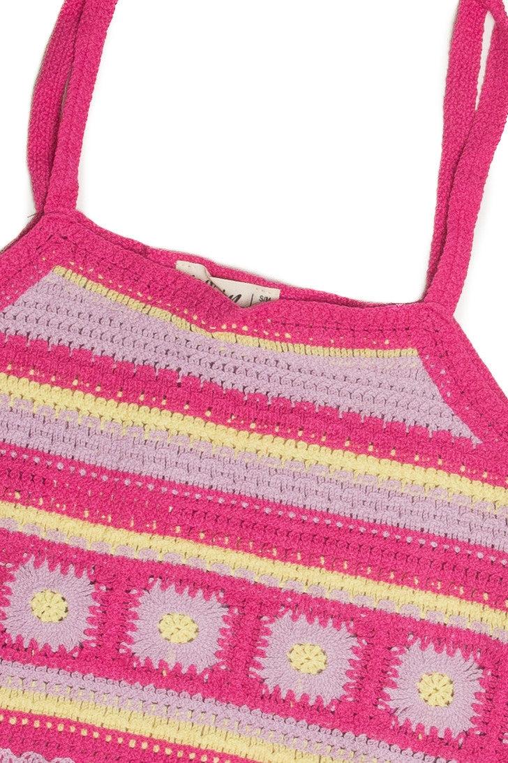Pink Floral Tie Strap Crochet Tank Product Image