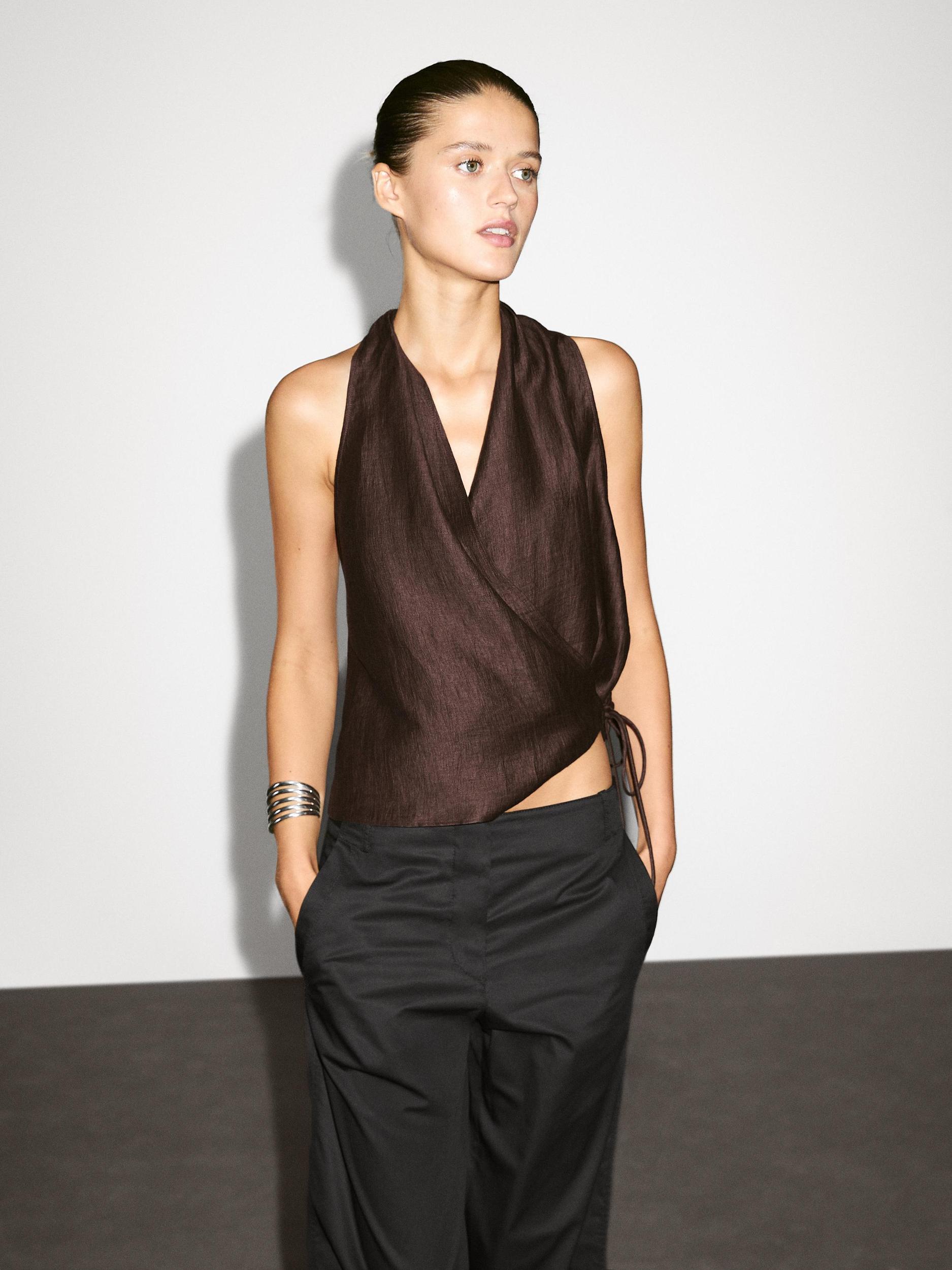 Linen blend crossover halter top Product Image