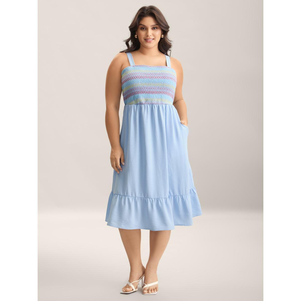 Plus Size Shirred Adjustable Straps Tiered Midi Dress LightBlue Women Non Sleeveless Curvy BloomChic 14-16/1X Product Image