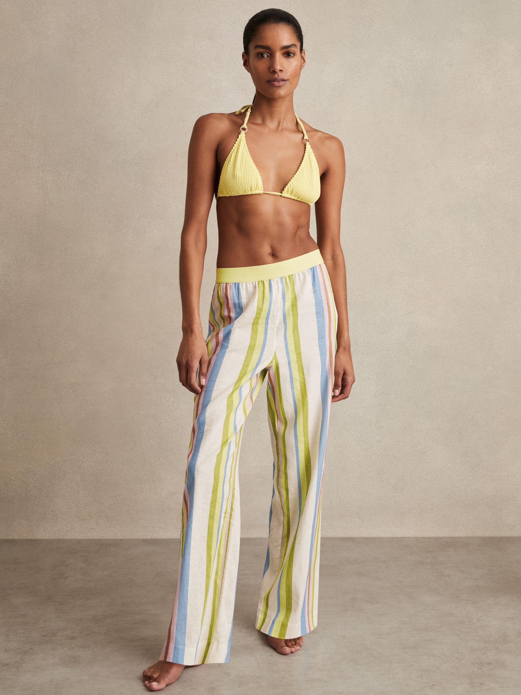 Linen-Blend Stripe Trousers in Green/Blue Product Image