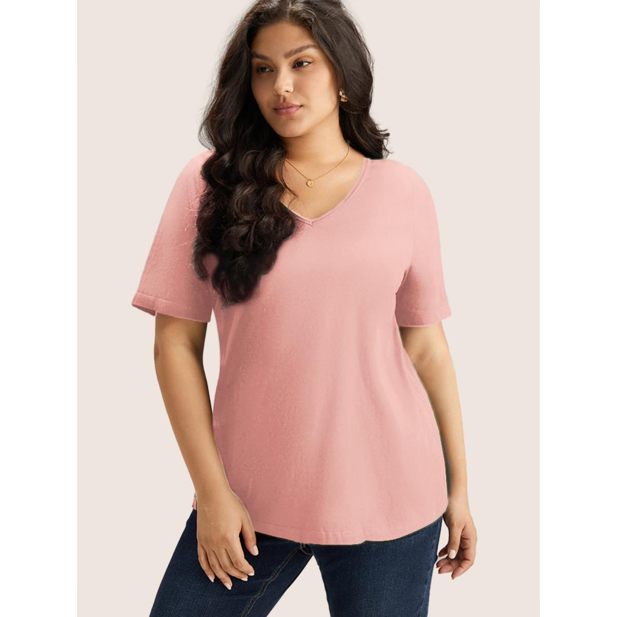 Plus Size Cotton V Neck Plain Basic T-shirt Palemauve Women Leisure Non Plain V-neck Casual T-shirts BloomChic 18-20/2X Product Image
