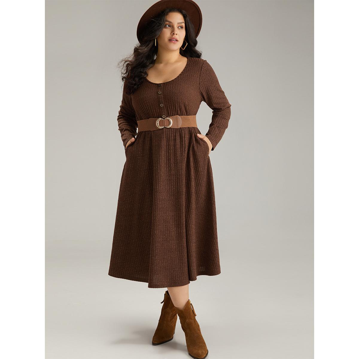 Plus Size Rib Knit Button Detail Gathered Dress DarkBrown Women Casual Texture Round Neck Long Sleeve Curvy Midi Dress BloomChic 12/L Product Image