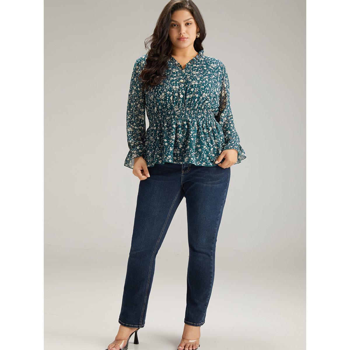 Plus Size Aegean Ditsy Floral Chiffon Shirred Ruffles Frill Trim Blouse Women Elegant Long Sleeve V-neck Dailywear Blouses BloomChic 18-20/2X Product Image