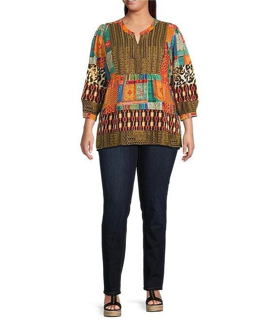 Calessa Plus Size Embroidered Patchwork Split V-Neck 3/4 Sleeve Tunic Product Image