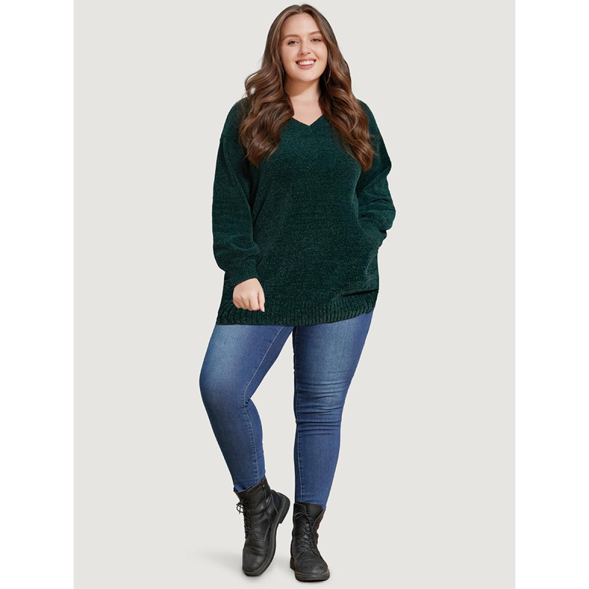 Plus Size Solid Chenille Knit Lantern Sleeve V Neck Knit Top DarkGreen Women Elegant Long Sleeve V-neck Dailywear Pullovers BloomChic 30/6X Product Image