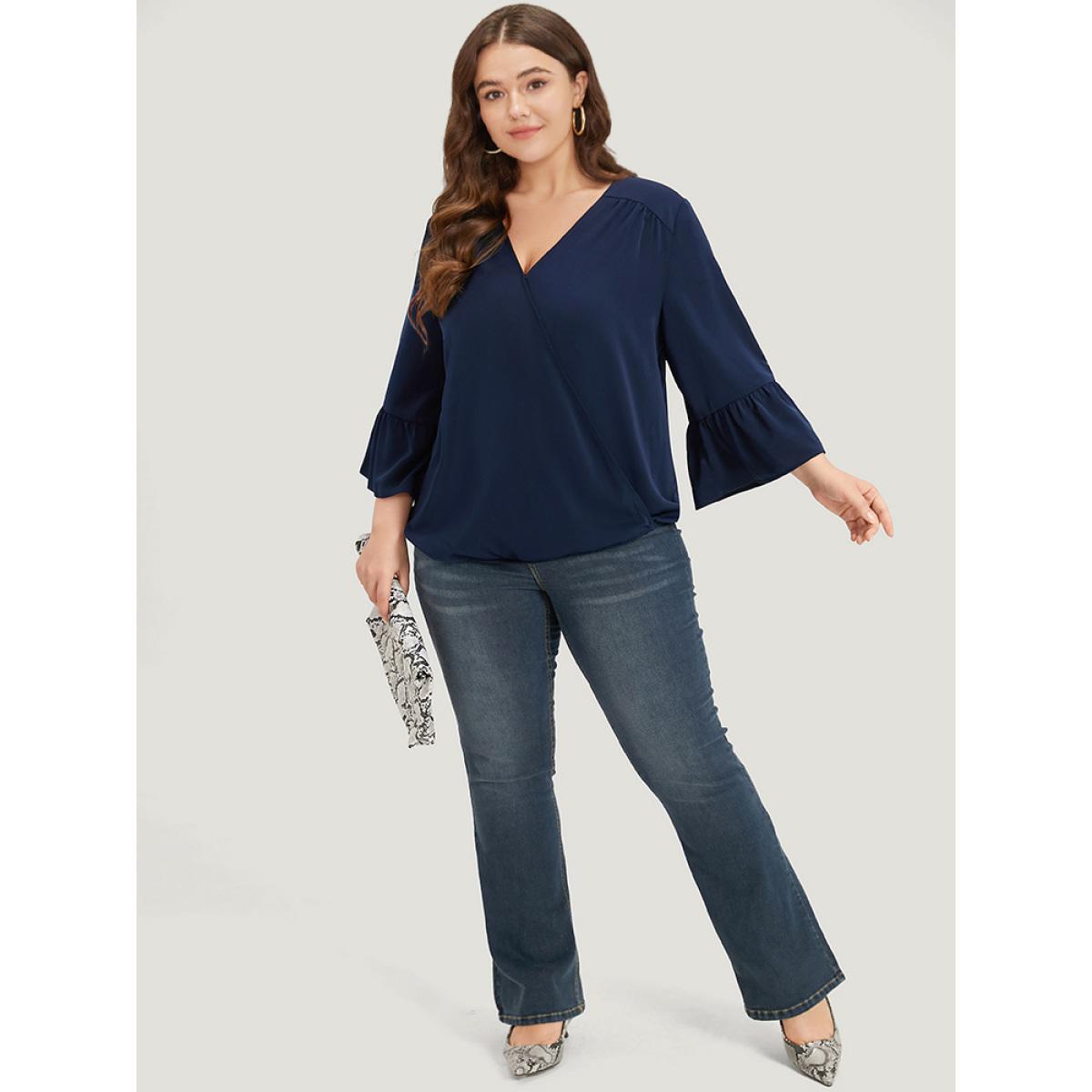 Plus Size Indigo Anti-Wrinkle Plain Surplice Neck Bell Sleeve Blouse Women Office Elbow-length sleeve V-neck Office Blouses BloomChic 28/5X Product Image