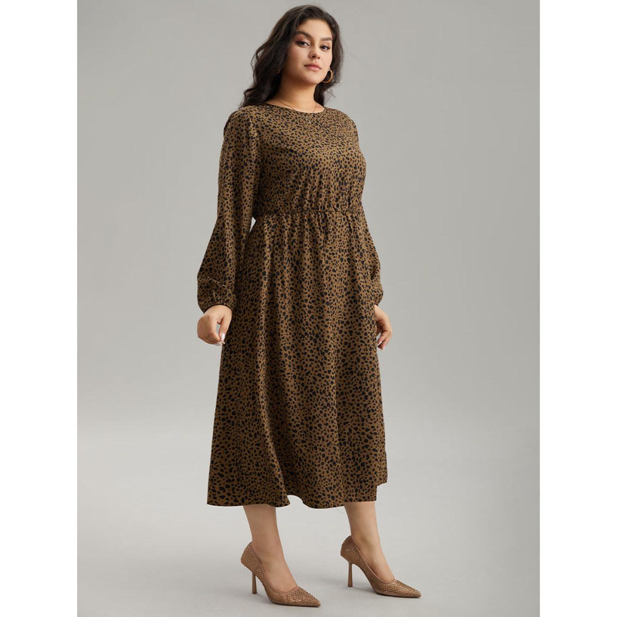 Plus Size Leopard Print Pocket Split Side Keyhole Dress DarkBrown Women Elegant Elastic cuffs Round Neck Long Sleeve Curvy Midi Dress BloomChic 22-24/3X Product Image