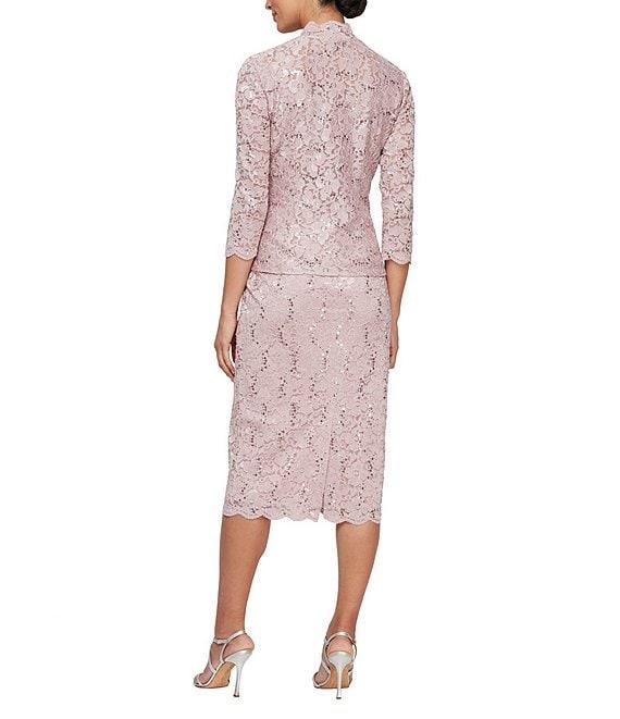 Ignite Evenings 3/4 Sleeve Square Neck Sequin Lace 2-Piece Jacket Midi Dress Product Image