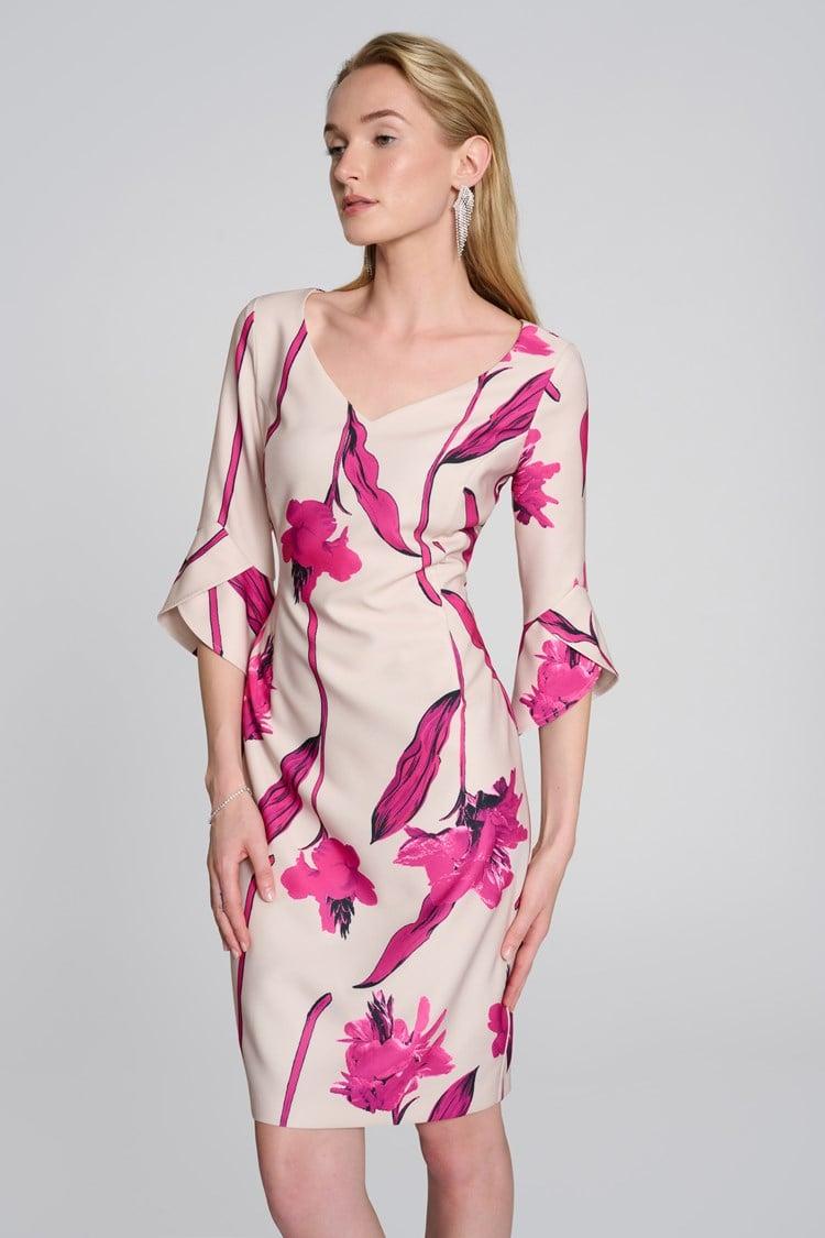 Woven Twill Floral Print Sheath Dress- Light Sand/Pink Product Image