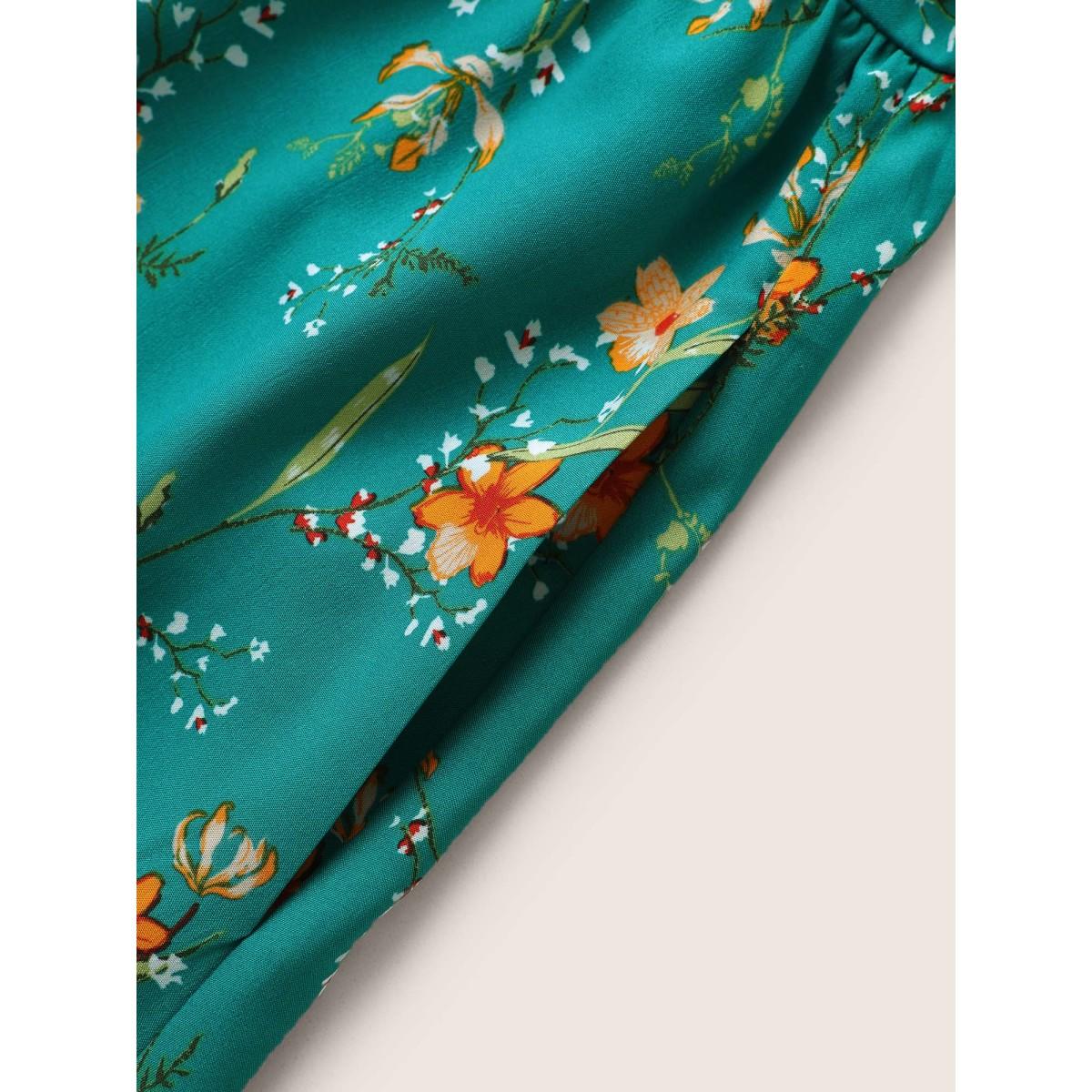 Plus Size Ditsy Floral Flutter Trim Pocket Layered Hem Dress Teal Women Elegant Non Overlap Collar Cap Sleeve Curvy Midi Dress BloomChic 30/6X Product Image