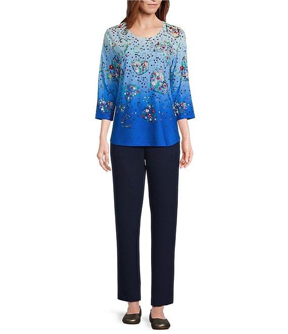 Allison Daley Petite Size Floral Hearts Print 3/4 Sleeve Crew Neck Knit Top Product Image