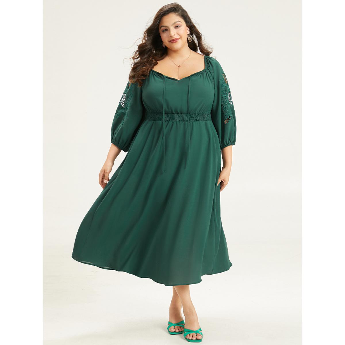 Plus Size Plain Tie Neck Cut Out Shirred Dress DarkGreen Women Elegant Elastic cuffs Square Neck Long Sleeve Curvy Midi Dress BloomChic 14-16/1X Product Image
