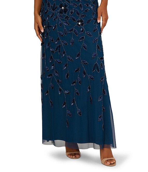 Adrianna Papell Beaded Mesh Crew Neck Short Sleeve Blouson Long Dress Product Image