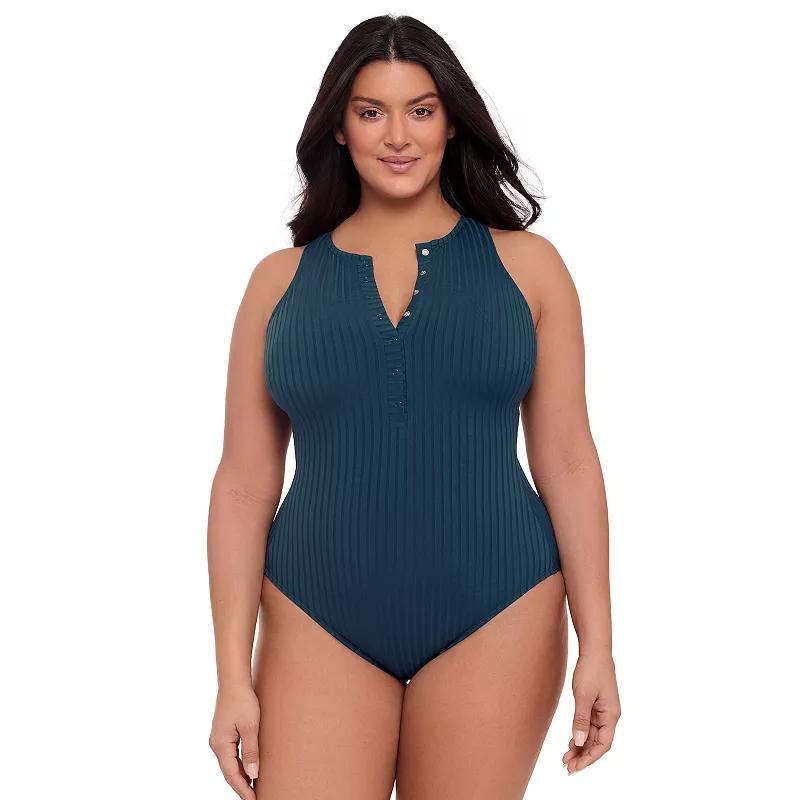 Womens S3 Swim Smoothing Ribbed High Neck Snap Front One Piece Swimsuit, Womens Red Product Image