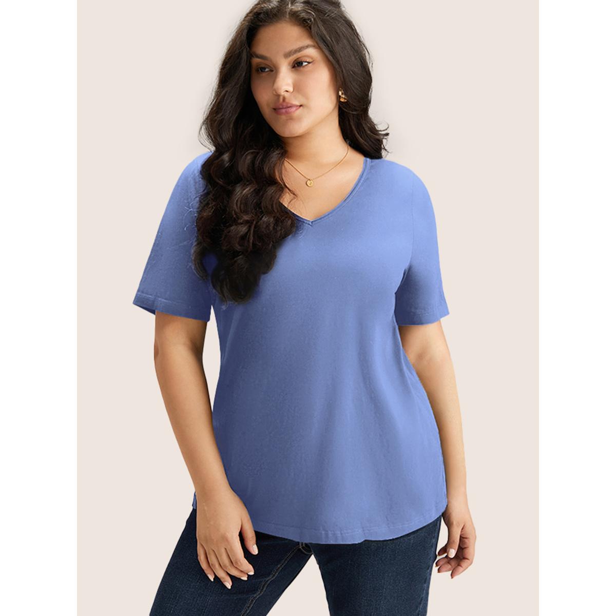 Plus Size Cotton V Neck Plain Basic T-shirt Stone Women Leisure Non Plain V-neck Casual T-shirts BloomChic 22-24/3X Product Image