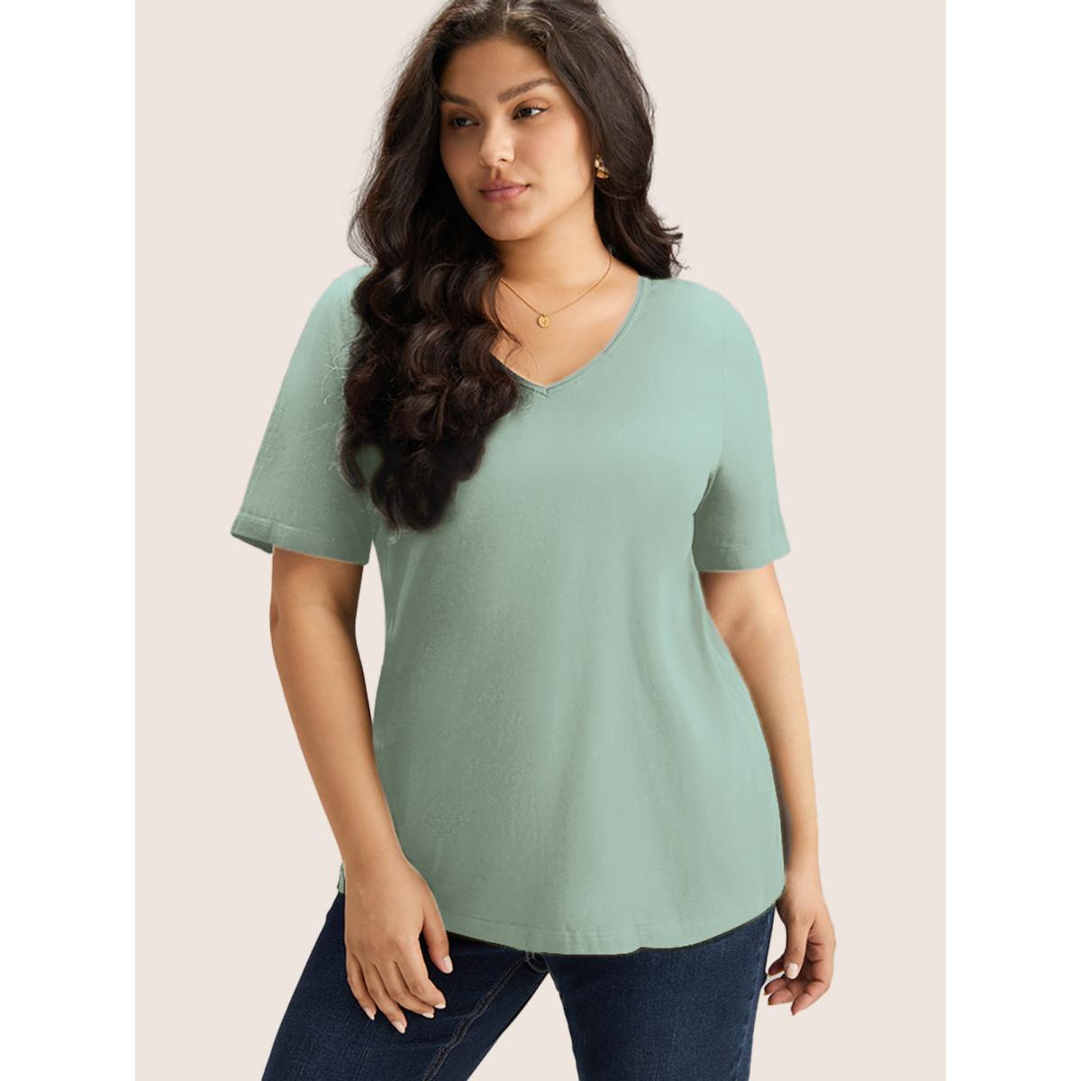 Plus Size Cotton V Neck Plain Basic T-shirt Palemauve Women Leisure Non Plain V-neck Casual T-shirts BloomChic 18-20/2X Product Image