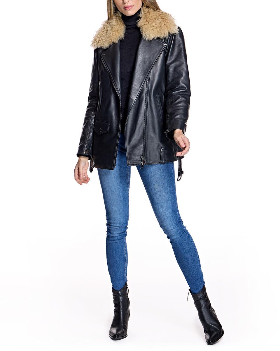 Leather Belted Moto Jacket with Detachable Lamb Collar-Maximilian Product Image