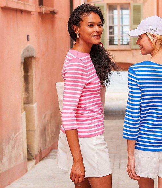 Lilly Pulitzer x Saint James Voissey Contrast Stripe Round Neck 3/4 Sleeve Fine Gauge Knit Sweater Product Image