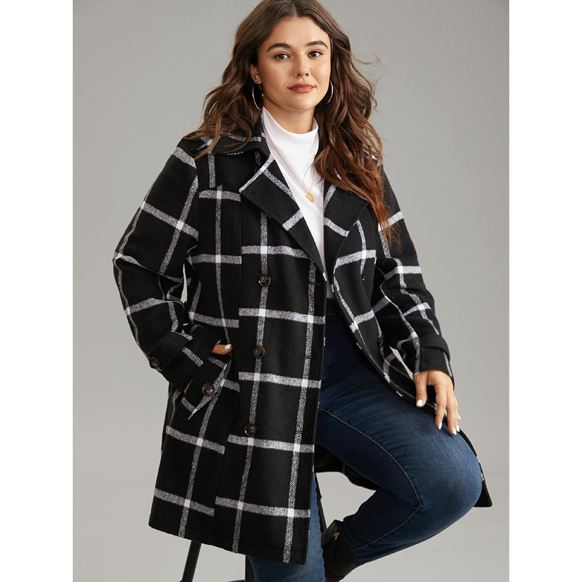 Plus Size Plaid Double Breasted Belted coat Women Black Casual Lined Ladies Dailywear Winter Coats BloomChic 28/5X Product Image