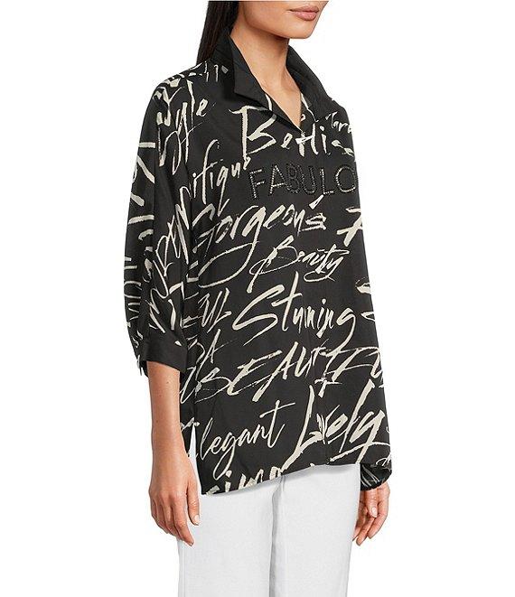 Ali Miles Petite Size Woven Printed Wire Collar 3/4 Roll-Tab Sleeve Button Front Tunic Product Image