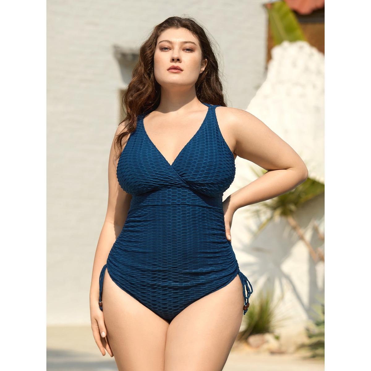 Plus Size Textured Drawstring Halter Neck One-Piece Swimsuit Women's Swimwear Cyan Beach Tie knot Curve Bathing Suits High stretch One Pieces BloomChic 14-16/1X Product Image