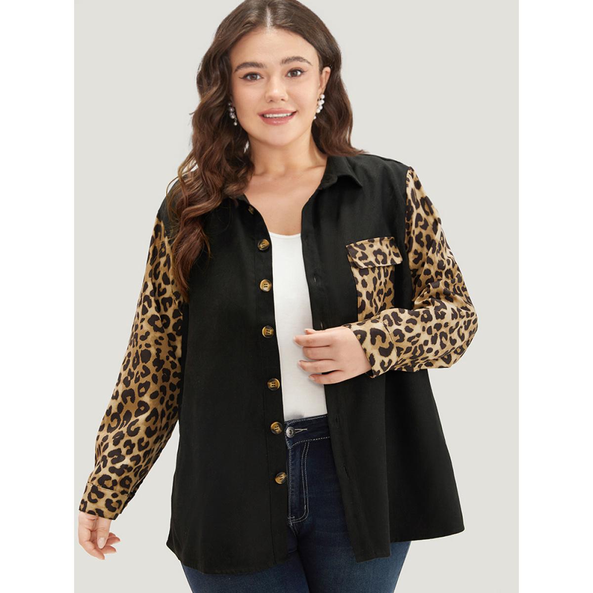 Plus Size Leopard Patchwork Contrast Button Up Coat Women Black Contrast Pocket Dailywear Jackets BloomChic 22-24/3X Product Image