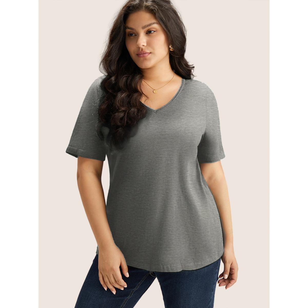 Plus Size Cotton V Neck Plain Basic T-shirt Mediumgray Women Leisure Non Plain V-neck Casual T-shirts BloomChic 22-24/3X Product Image