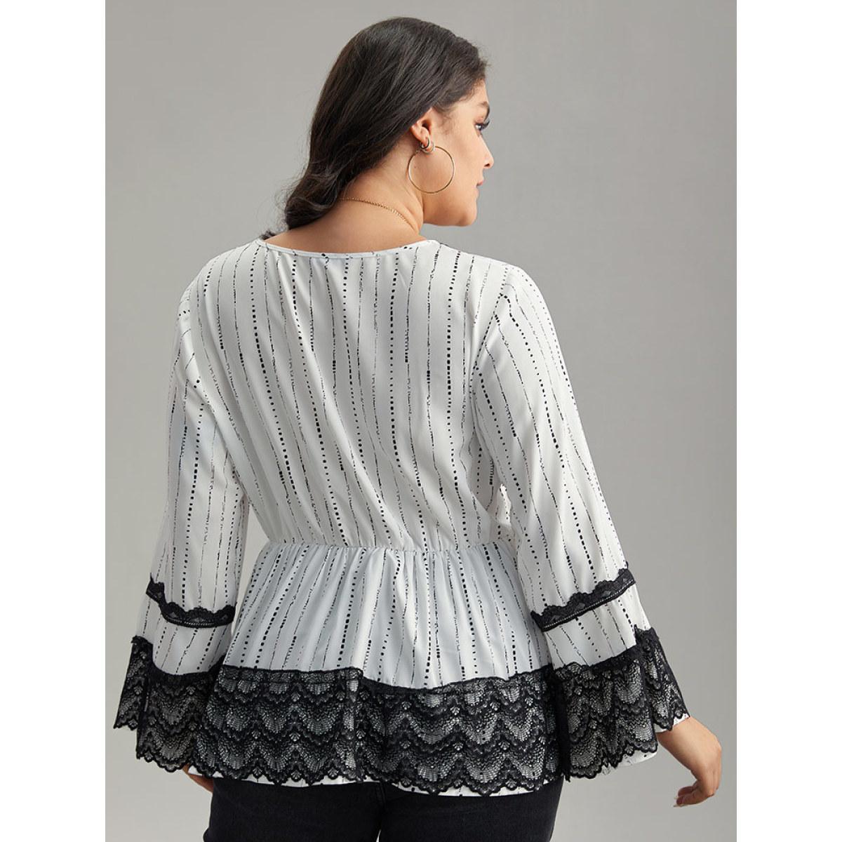 Plus Size White Dot Striped Contrast Lace Elastic Waist Blouse Women Elegant Long Sleeve Round Neck Dailywear Blouses BloomChic 26/4X Product Image