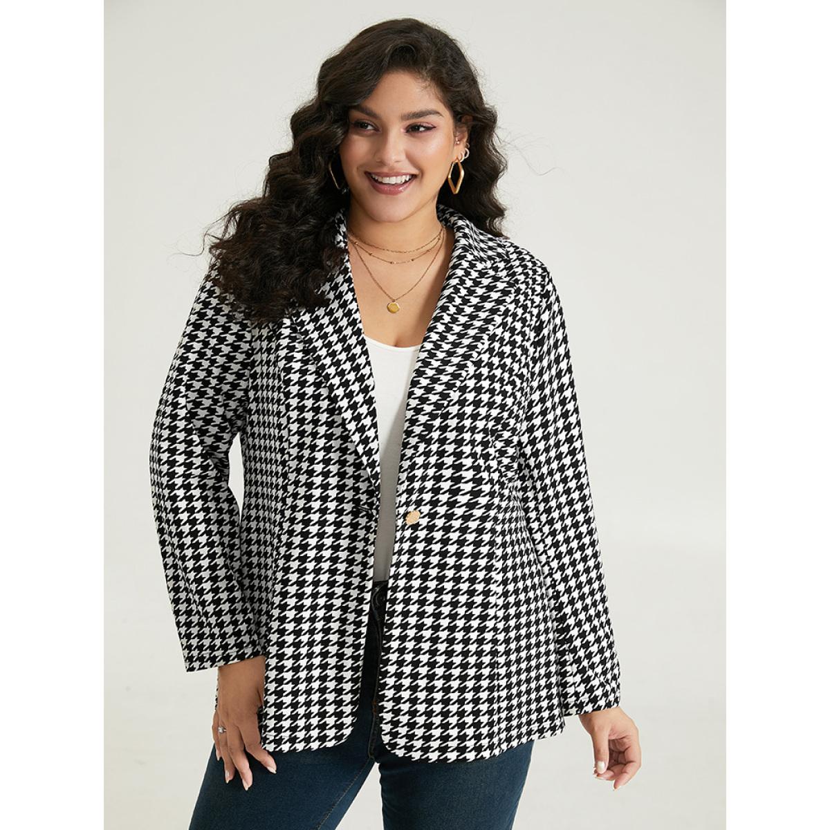 Plus Size Houndstooth Button Up Suit Collar Blazer Black Women Dailywear Houndstooth Contrast Sleeve Long Sleeve Suit Collar 28/5X Casual Blazers BloomChic Product Image