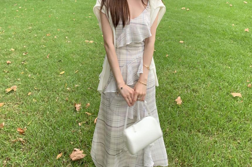 Spaghetti Strap Plaid Asymmetrical Ruffle Trim Midi A-Line Dress Product Image