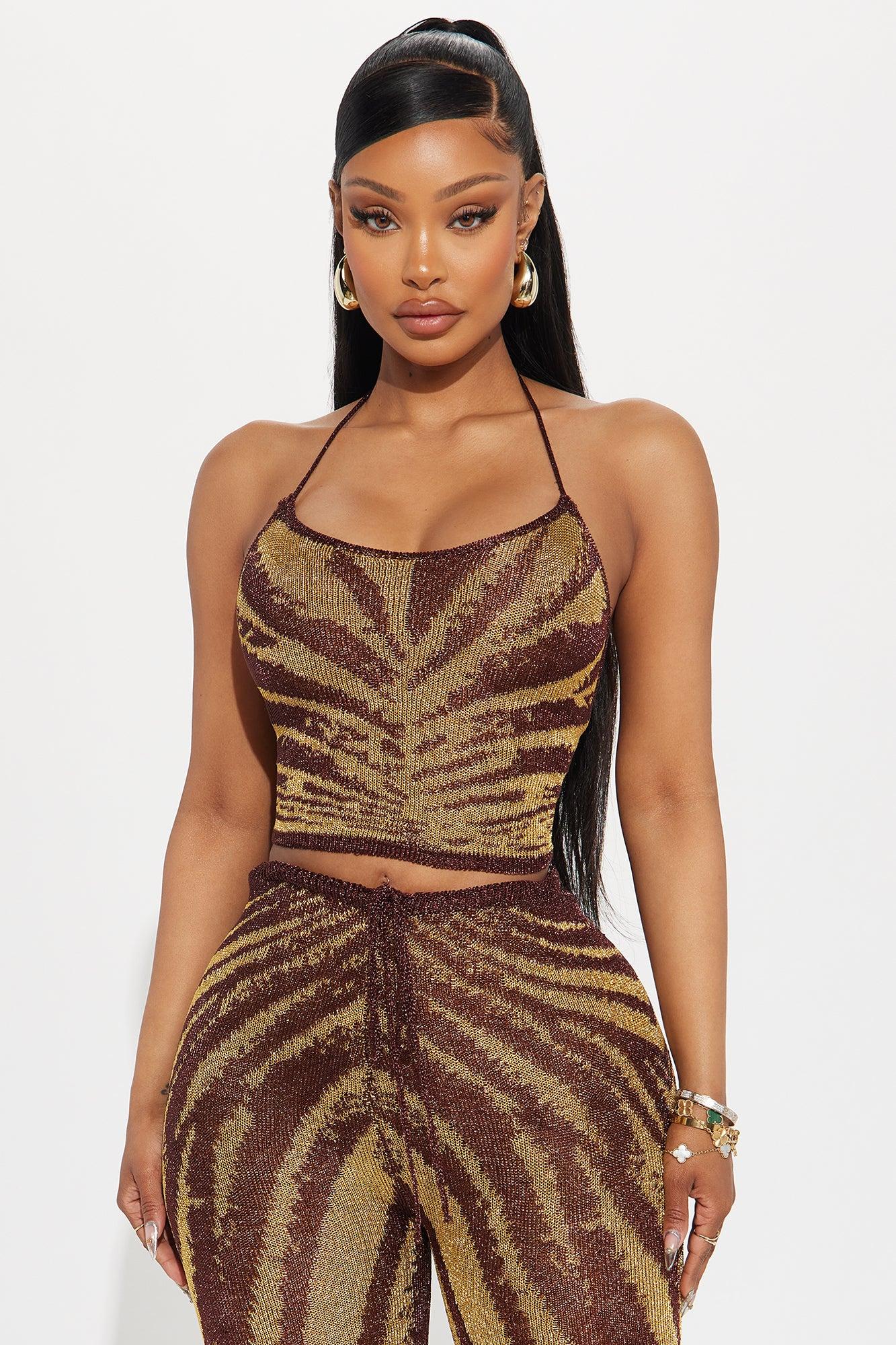 Mia Metallic Crochet Pant Set - Brown/combo Product Image